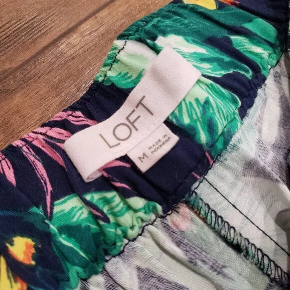 LOFT Linen Blend Pull-On Wide Leg Palazzo Pants Size M Navy Pink Green Pโฆ - Picture 3 of 13